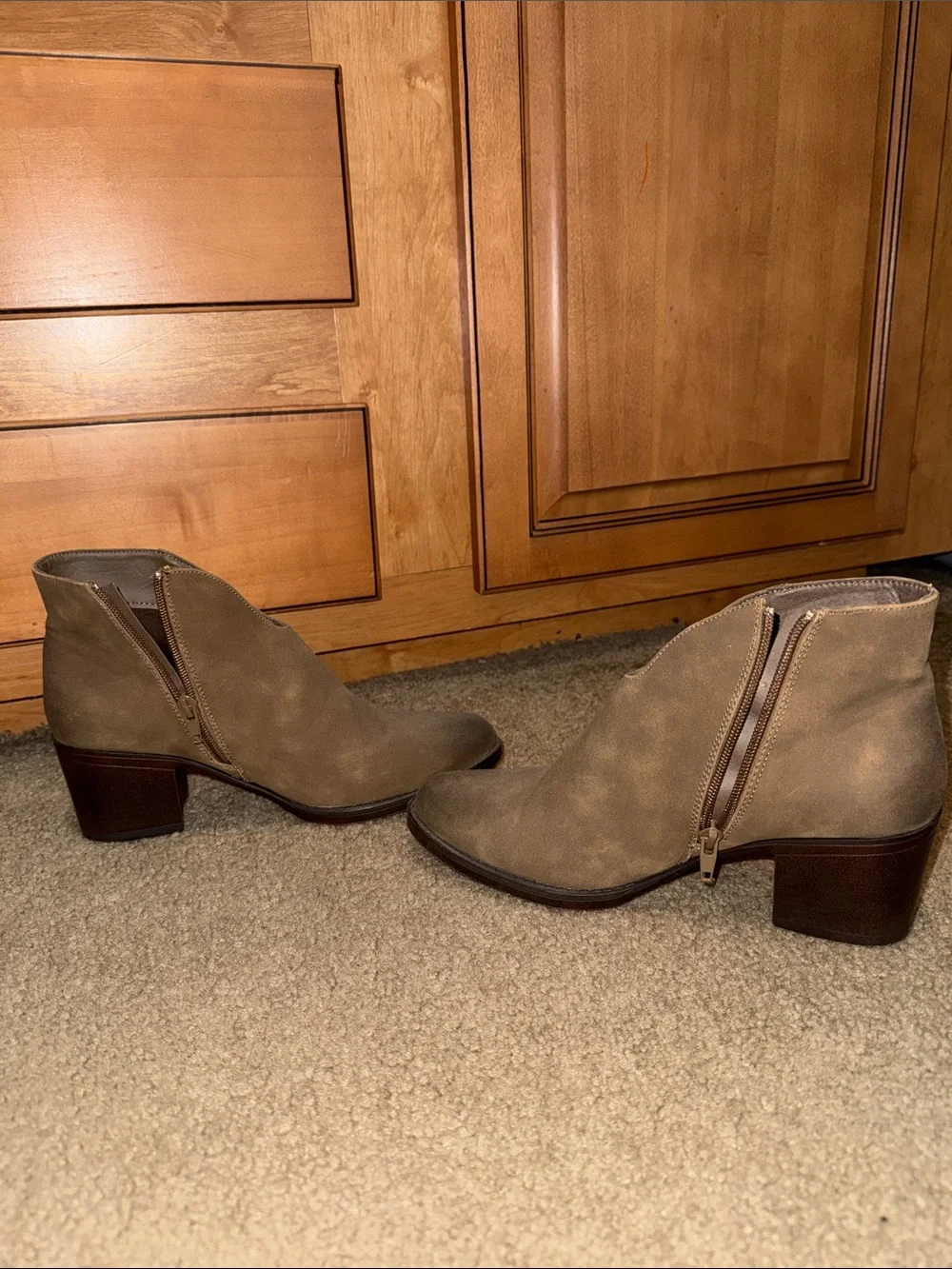 Pierre Dumas Tan Suede Ankle Booties with Block Heel